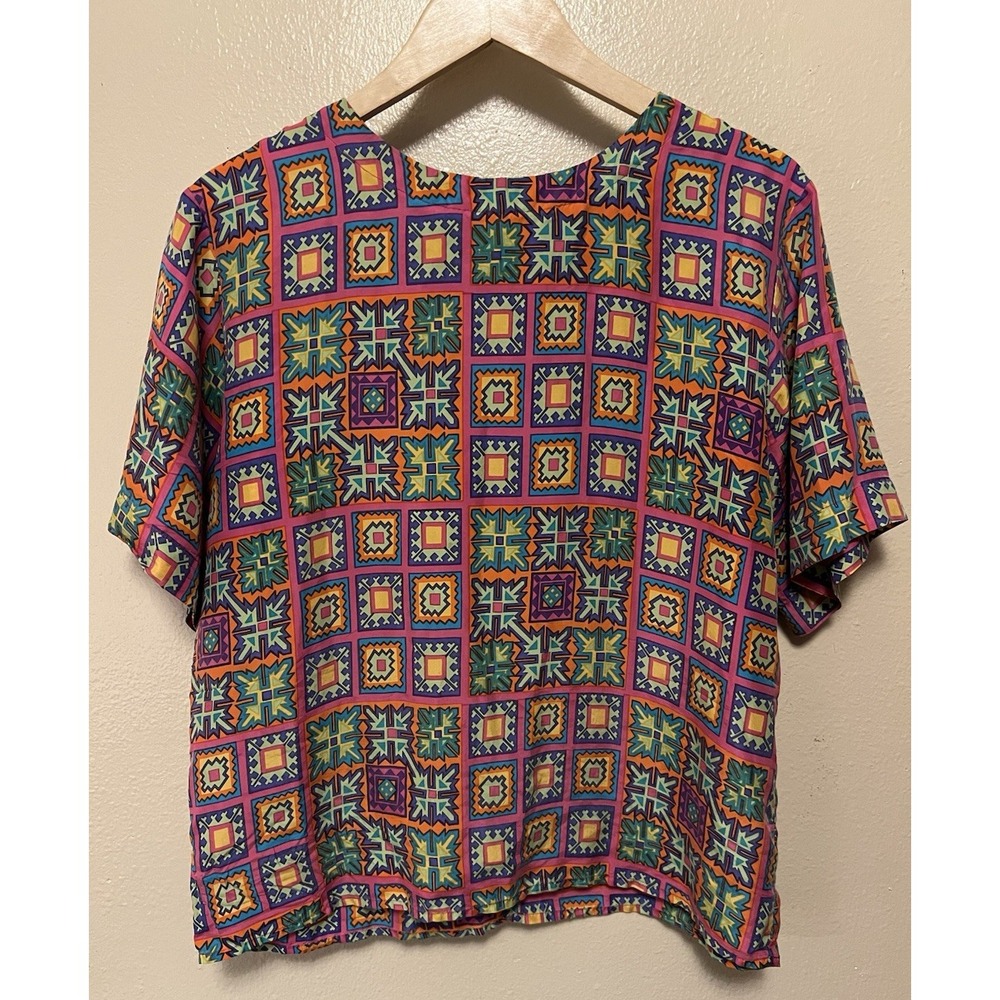 Marguerite Li Silk Pink Colorful Retro Artsy Geometric Top Blouse Womens L